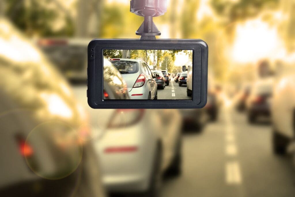 Car Dash Cam showing a dense traffic up ahead